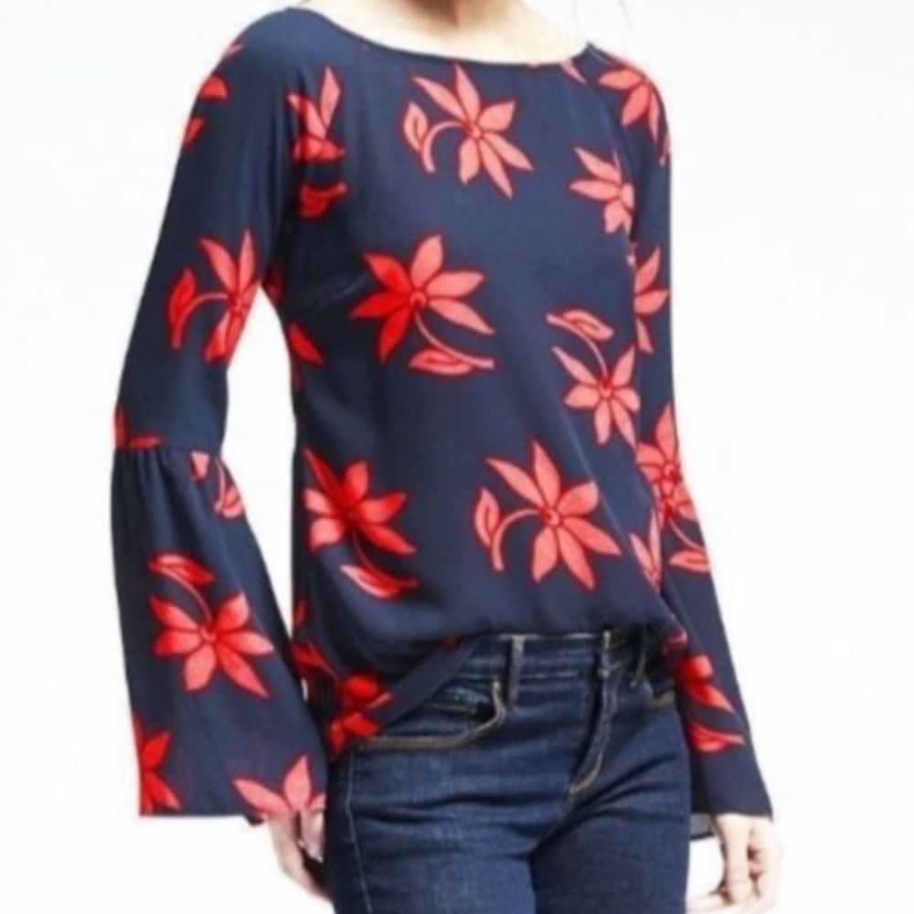 Banana Republic Navy and Red Floral Bell Sleeve Blouse Medium